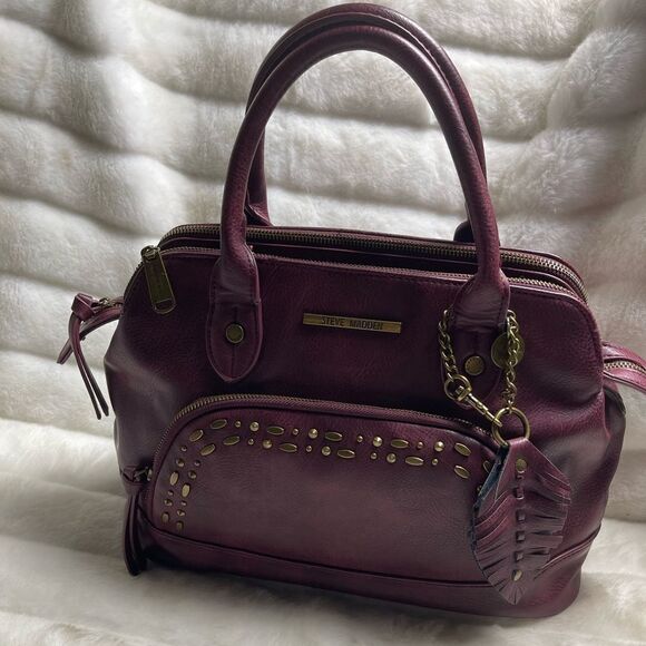 Steve Madden burgundy faux leather satchel with rustic studs accent. - Picture 1 of 16